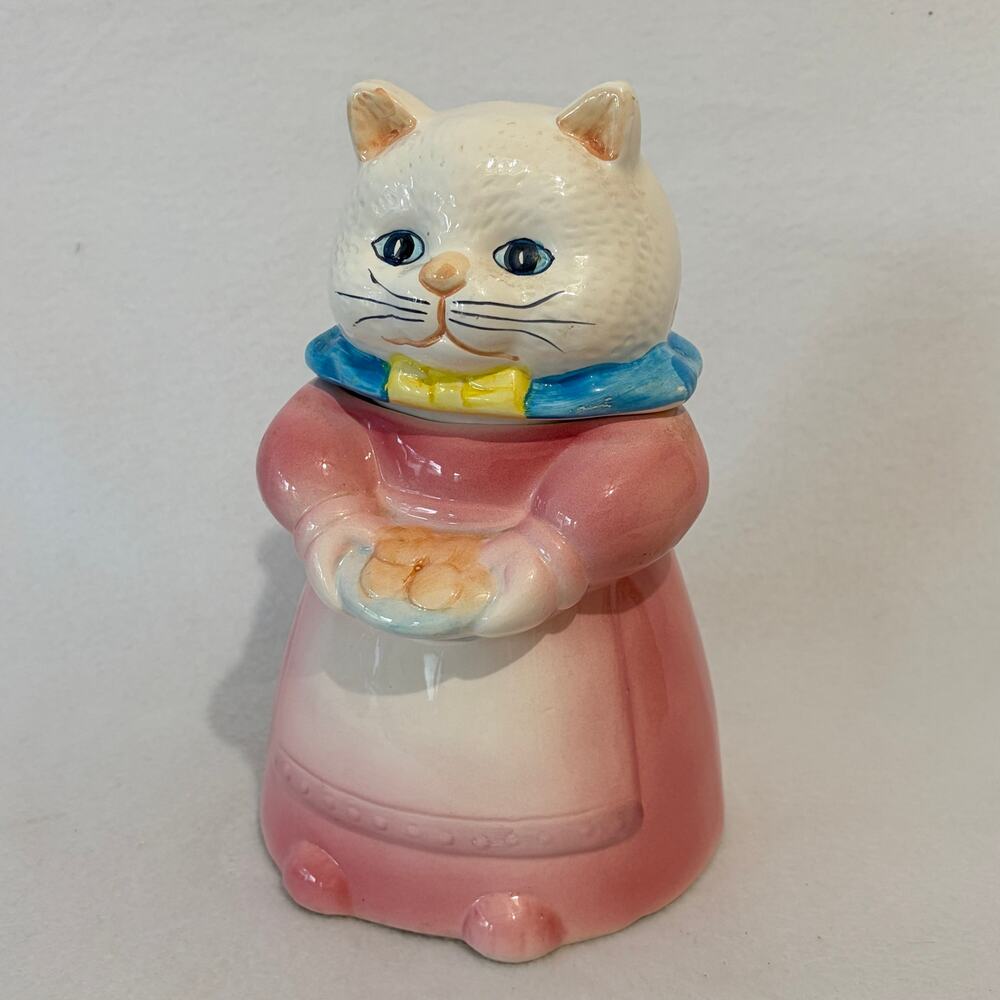 ALCO Industries Cat Cookie Jar Ceramic Vintage Pink White Blue Treat Container